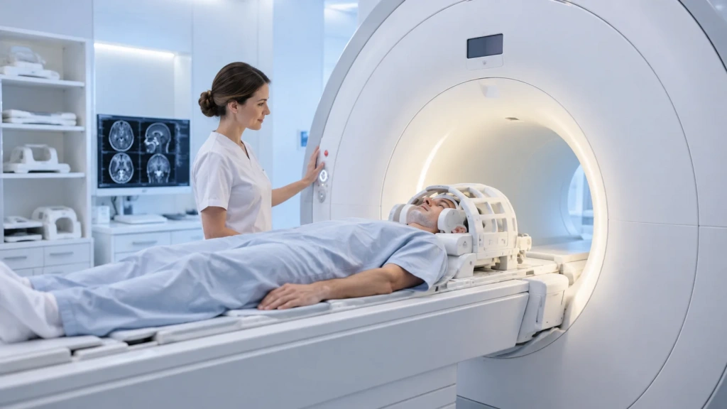 Пациент проходит МРТ головного мозга с использованием специальной головной катушки.