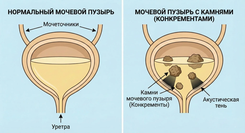 Схематическое изображение камней в мочевом пузыре и их вид на диагностике