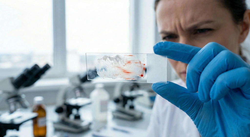 Лаборант визуально оценивает качество цитологического мазка на стекле, выявляя признаки крови и недостаточность материала.