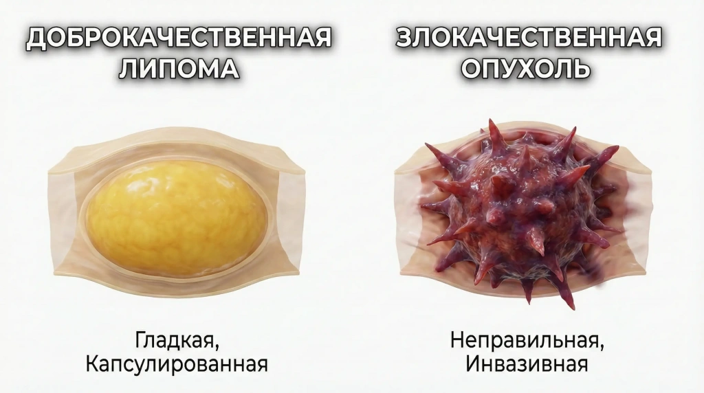 Визуальное сравнение доброкачественной липомы и злокачественного образования мягких тканей