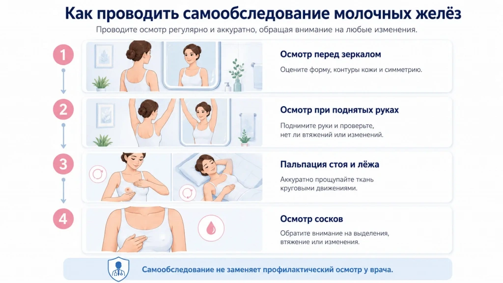 Этапы самообследования молочных желёз